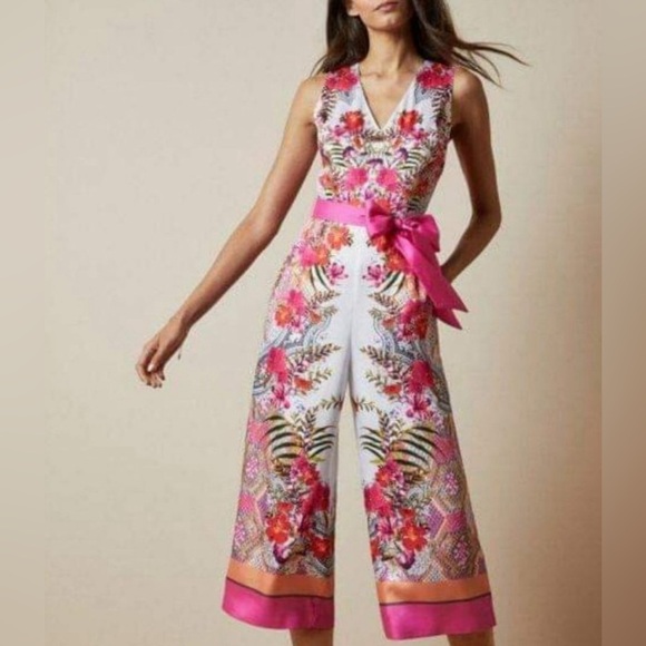 Ted Baker London Pink and White Floral Jumpsuit with Wide-Leg